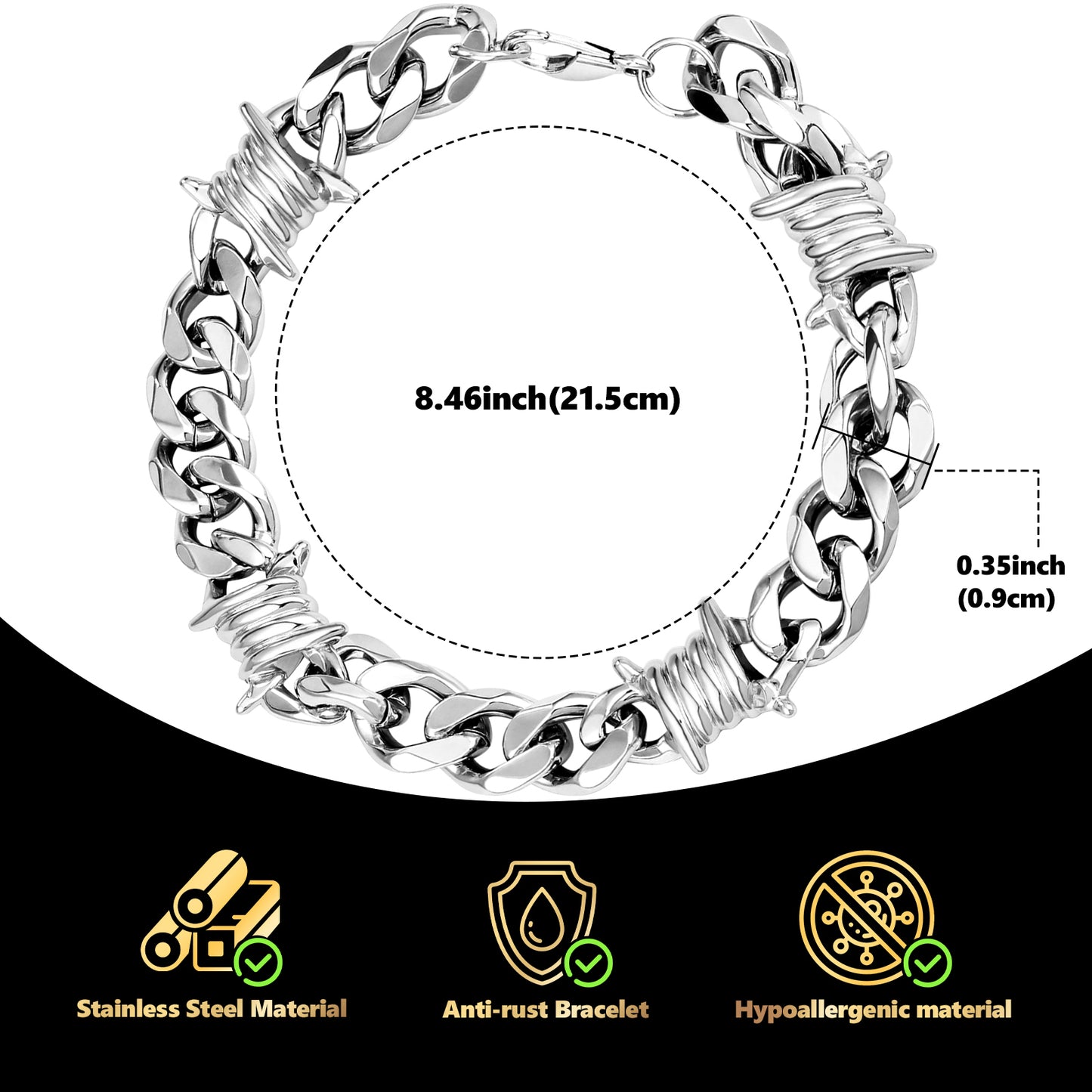 Stainless Steel Heavy Cuban Link Chain Bracelet Gothic Punk Rock Biker Viking Vintage Franco Link Curb Bracelet Jewelry for Men Silver SKU:GTS-B1B45002
