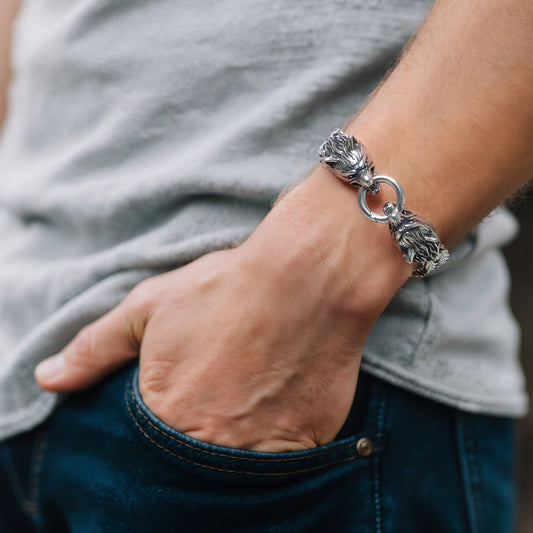 LuxGoth Men's Stainless Steel Mesh Link Chain Bracelet Gothic Wolf Head Animal Design Bracelet with Spring Ring Clasp (Silver)