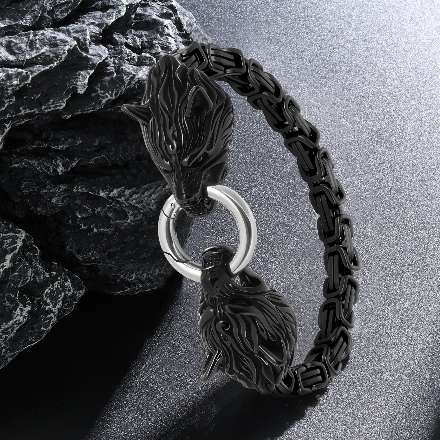 LuxGoth Men's Stainless Steel Mesh Link Chain Bracelet Gothic Wolf Head Animal Design Bracelet with Spring Ring Clasp (Black)