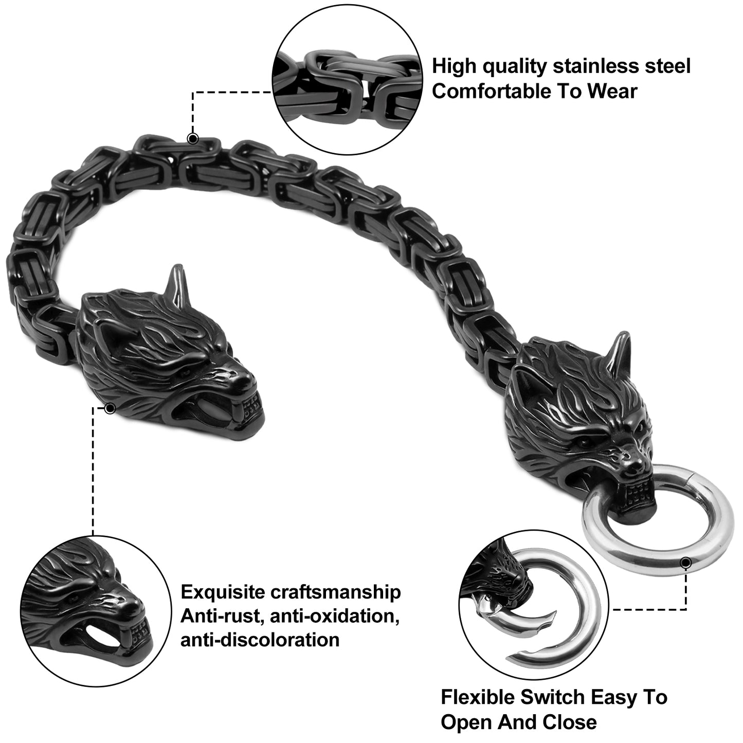 LuxGoth Men's Stainless Steel Mesh Link Chain Bracelet Gothic Wolf Head Animal Design Bracelet with Spring Ring Clasp (Black)
