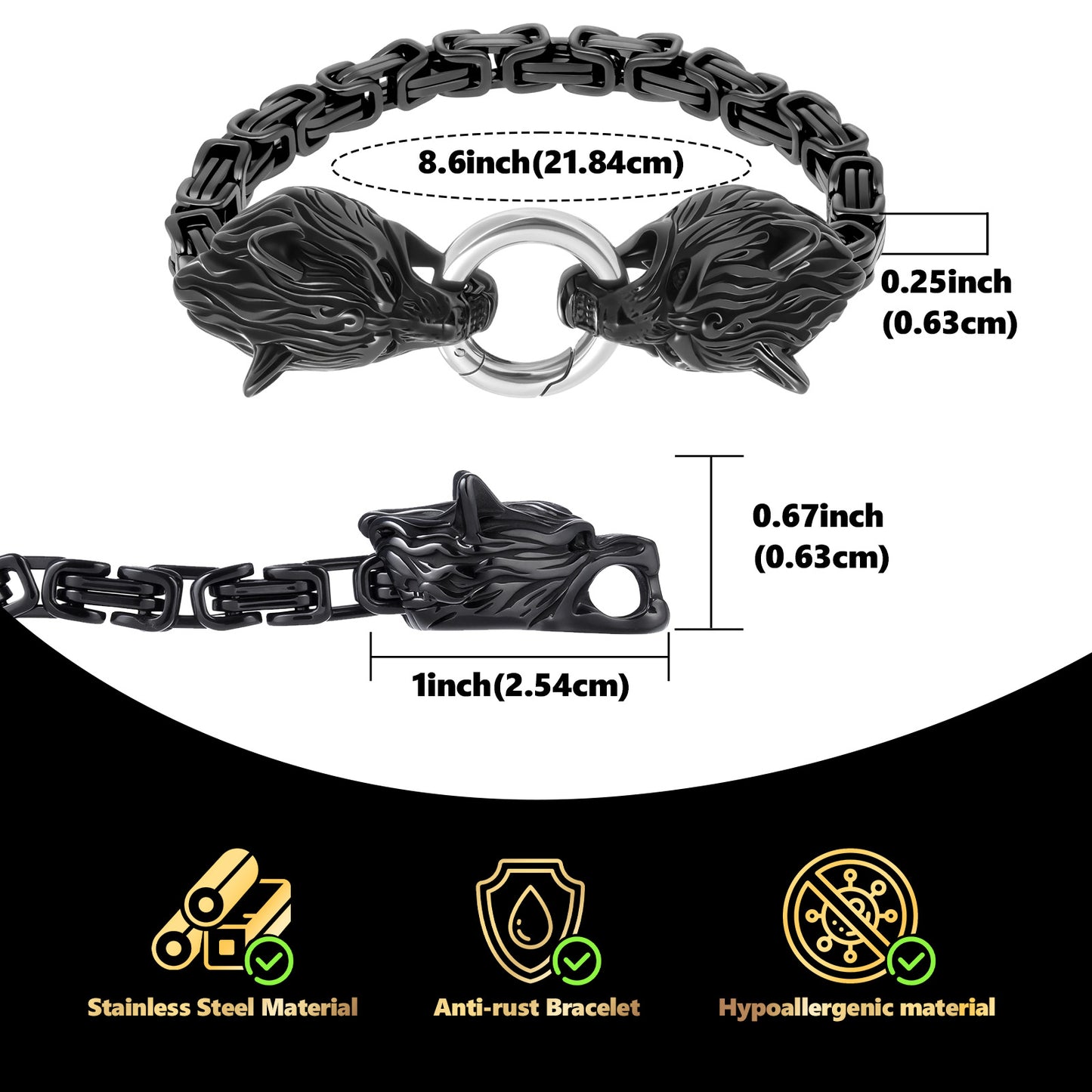 LuxGoth Men's Stainless Steel Mesh Link Chain Bracelet Gothic Wolf Head Animal Design Bracelet with Spring Ring Clasp (Black)