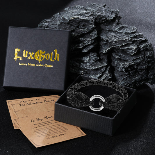 LuxGoth Men's Stainless Steel Mesh Link Chain Bracelet Gothic Wolf Head Animal Design Bracelet with Spring Ring Clasp (Black)