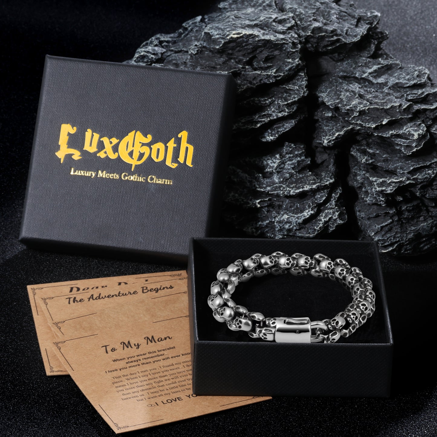 LuxGoth Men's Stainless Steel Skull Chain Bracelet Biker Gothic Vintage Skull Design Bracelet with Spring Ring Clasp