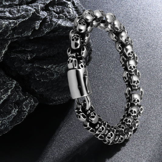 LuxGoth Men's Stainless Steel Skull Chain Bracelet Biker Gothic Vintage Skull Design Bracelet with Spring Ring Clasp
