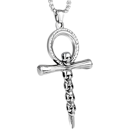 LuxGoth Stainless Steel Skulls Cross Necklace,Gothic Nail Cross Christian Faith Pendant Chain Jewelry for Men Women