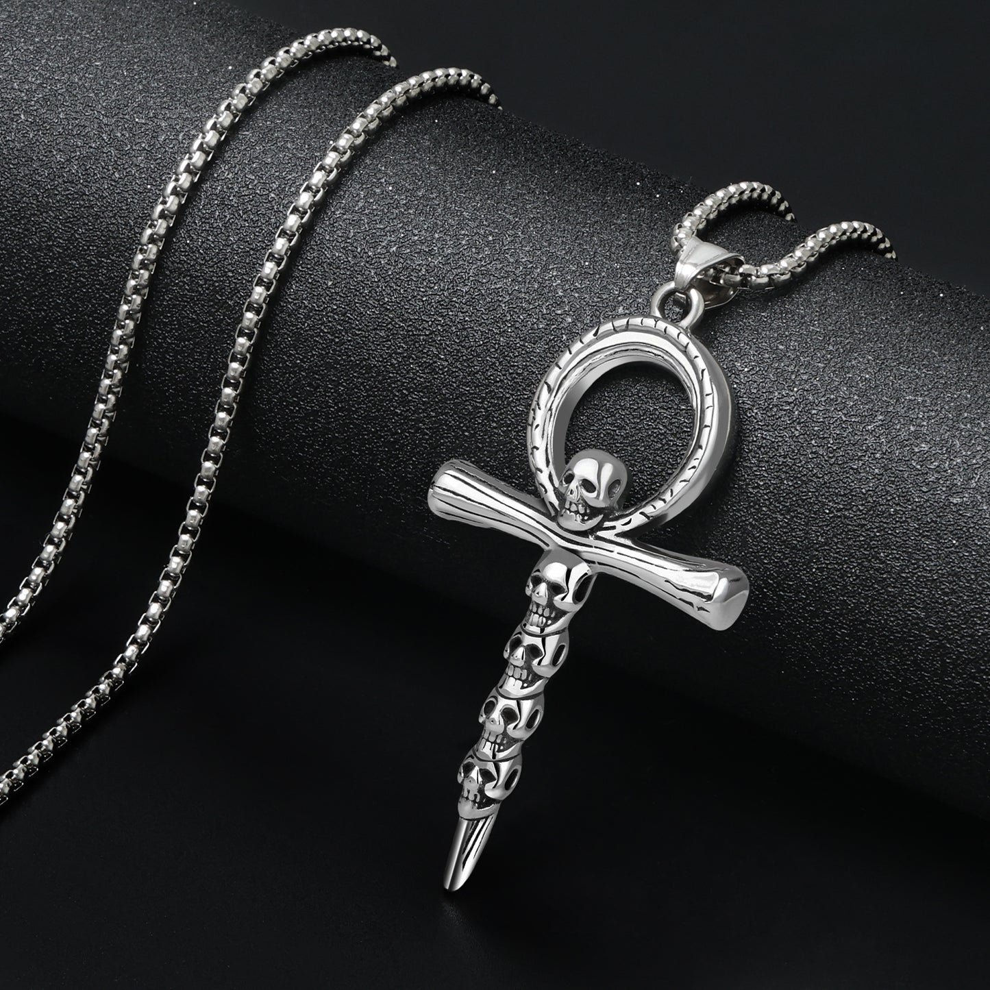 LuxGoth Stainless Steel Skulls Cross Necklace,Gothic Nail Cross Christian Faith Pendant Chain Jewelry for Men Women