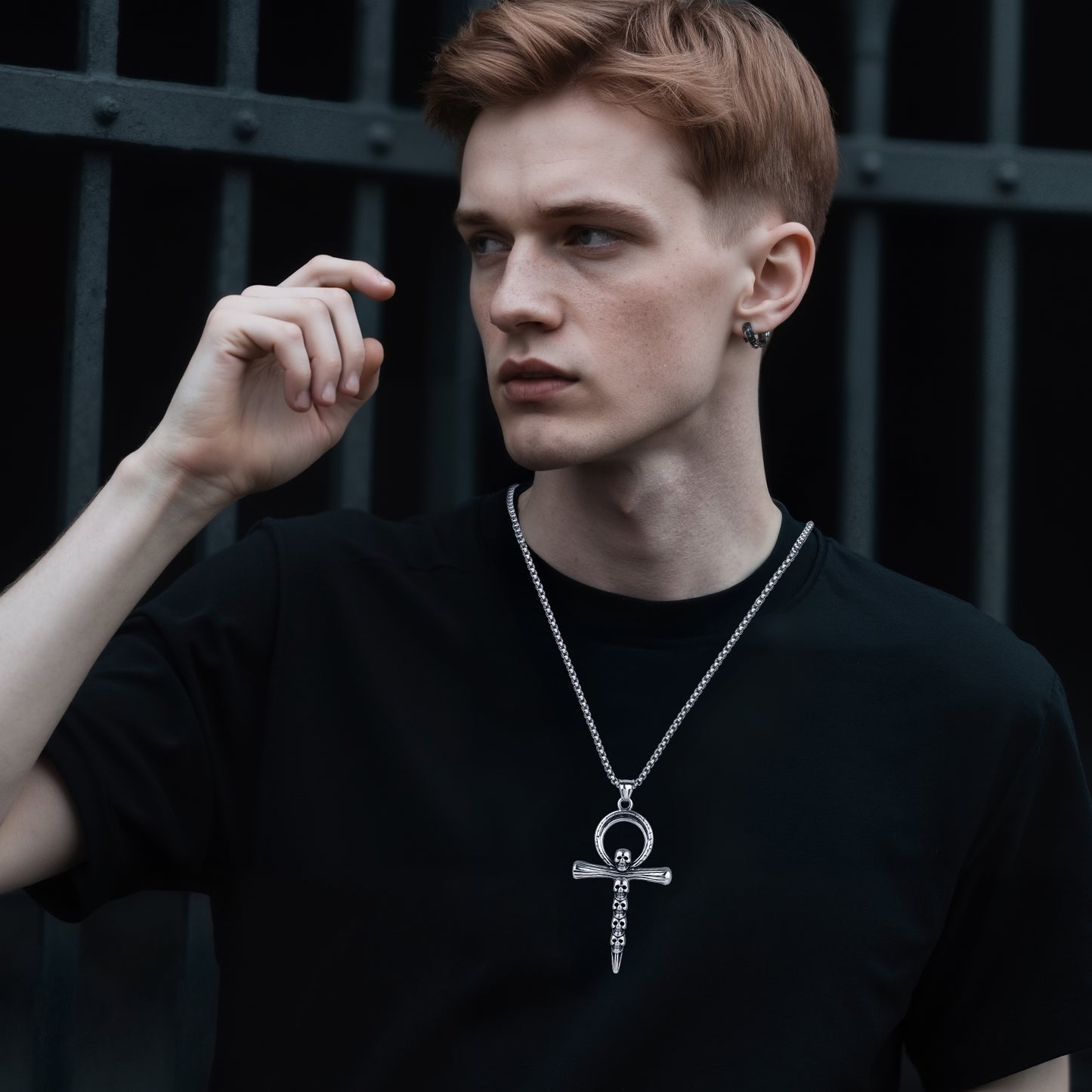 LuxGoth Stainless Steel Skulls Cross Necklace,Gothic Nail Cross Christian Faith Pendant Chain Jewelry for Men Women