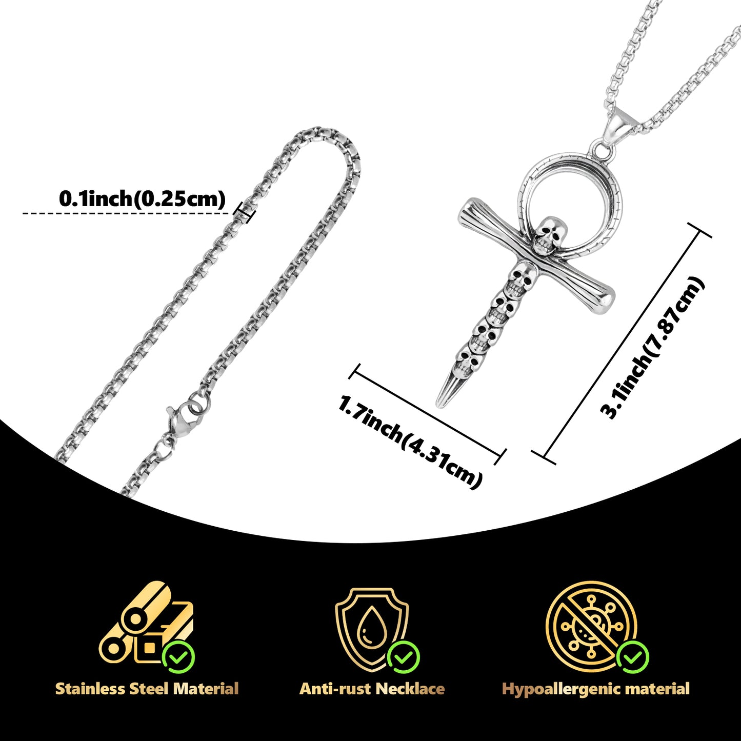 LuxGoth Stainless Steel Skulls Cross Necklace,Gothic Nail Cross Christian Faith Pendant Chain Jewelry for Men Women