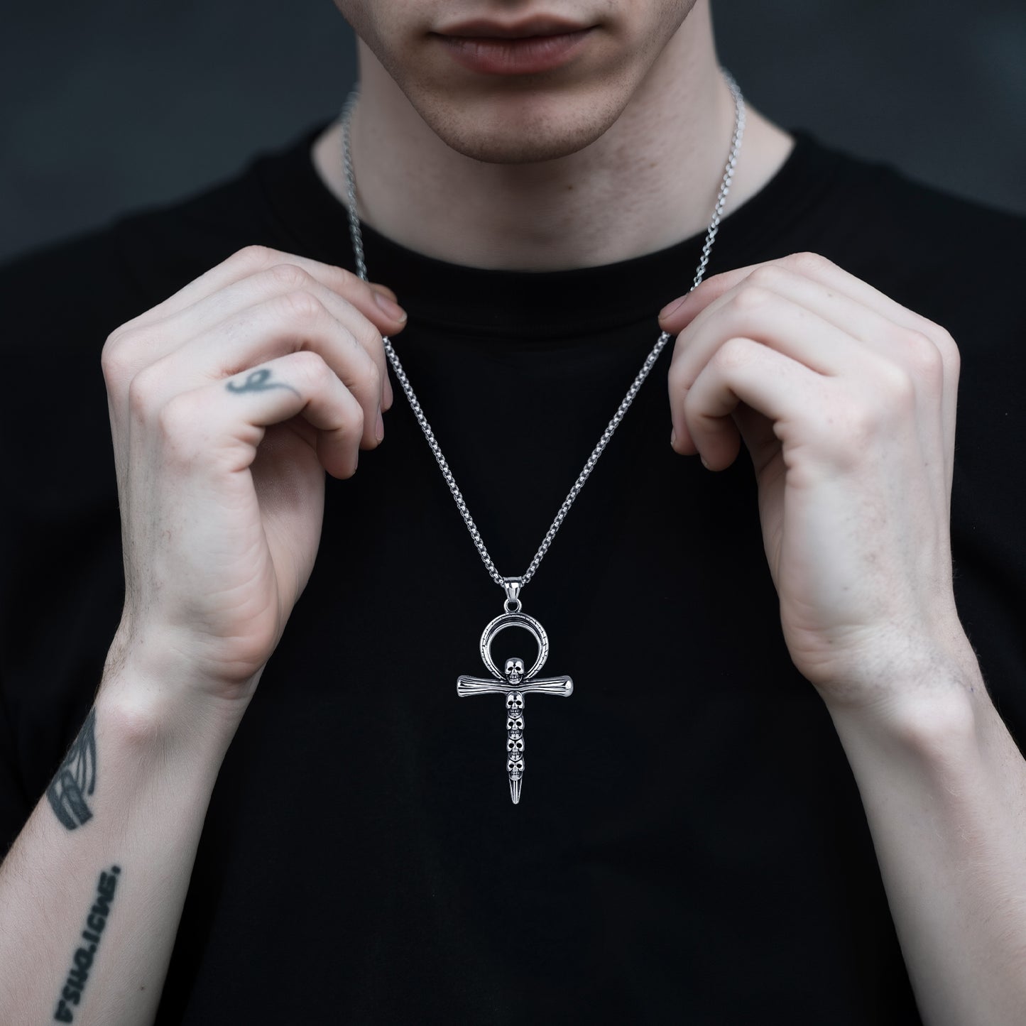 LuxGoth Stainless Steel Skulls Cross Necklace,Gothic Nail Cross Christian Faith Pendant Chain Jewelry for Men Women