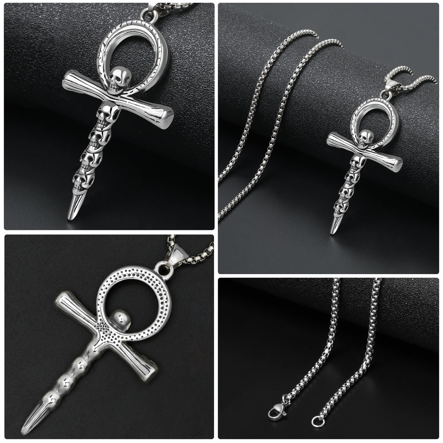 LuxGoth Stainless Steel Skulls Cross Necklace,Gothic Nail Cross Christian Faith Pendant Chain Jewelry for Men Women