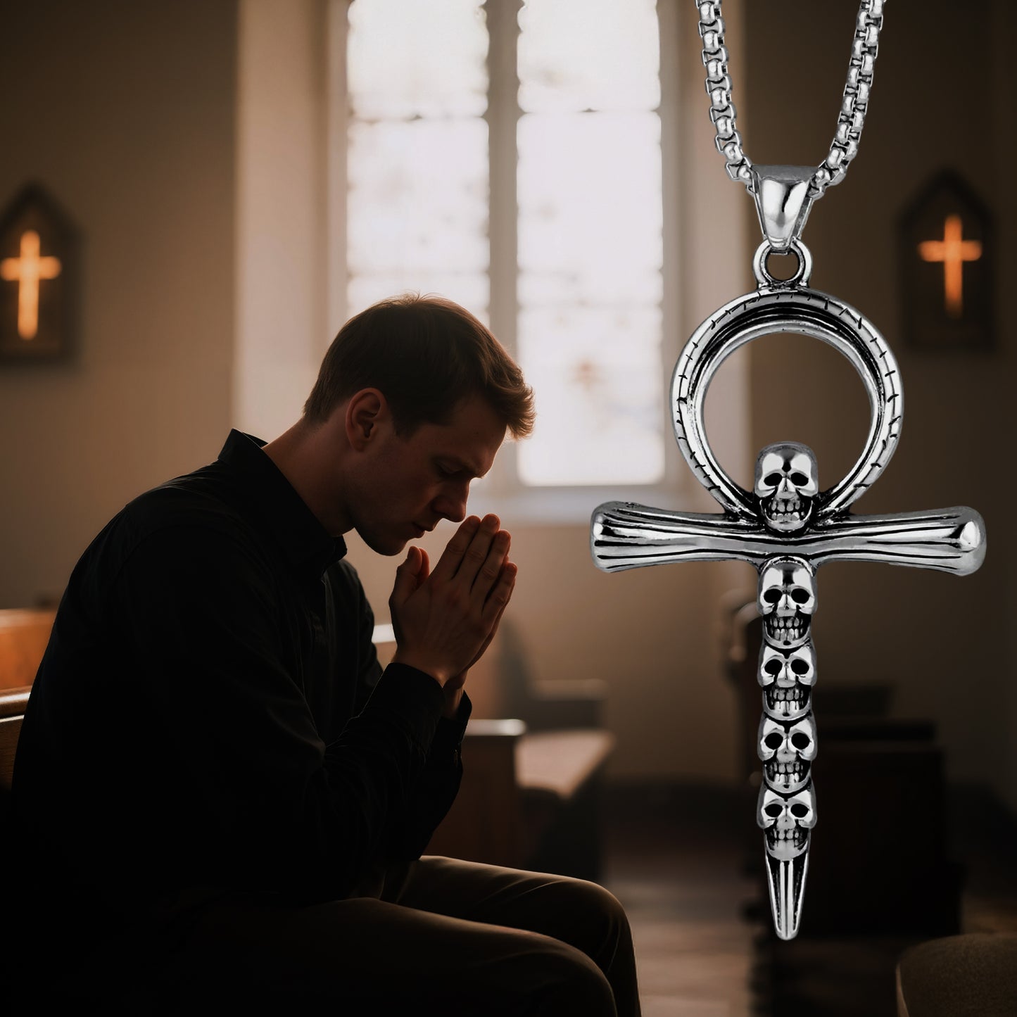 LuxGoth Stainless Steel Skulls Cross Necklace,Gothic Nail Cross Christian Faith Pendant Chain Jewelry for Men Women