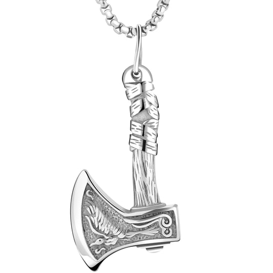 LuxGoth Stainless Steel Viking Axe Pendant Necklace,Gothic Raven Wolf King Pendant Chain Jewelry for Men Women(Silver)