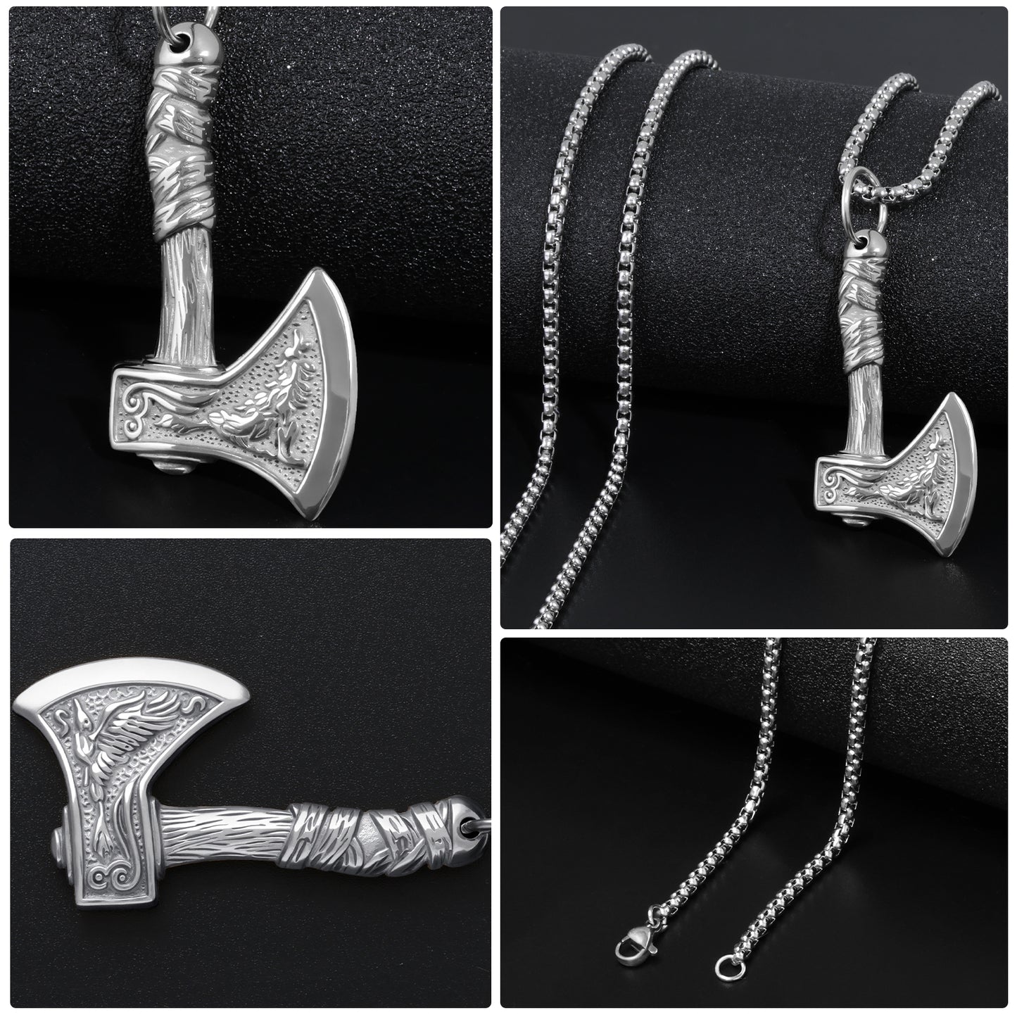 LuxGoth Stainless Steel Viking Axe Pendant Necklace,Gothic Raven Wolf King Pendant Chain Jewelry for Men Women(Silver)