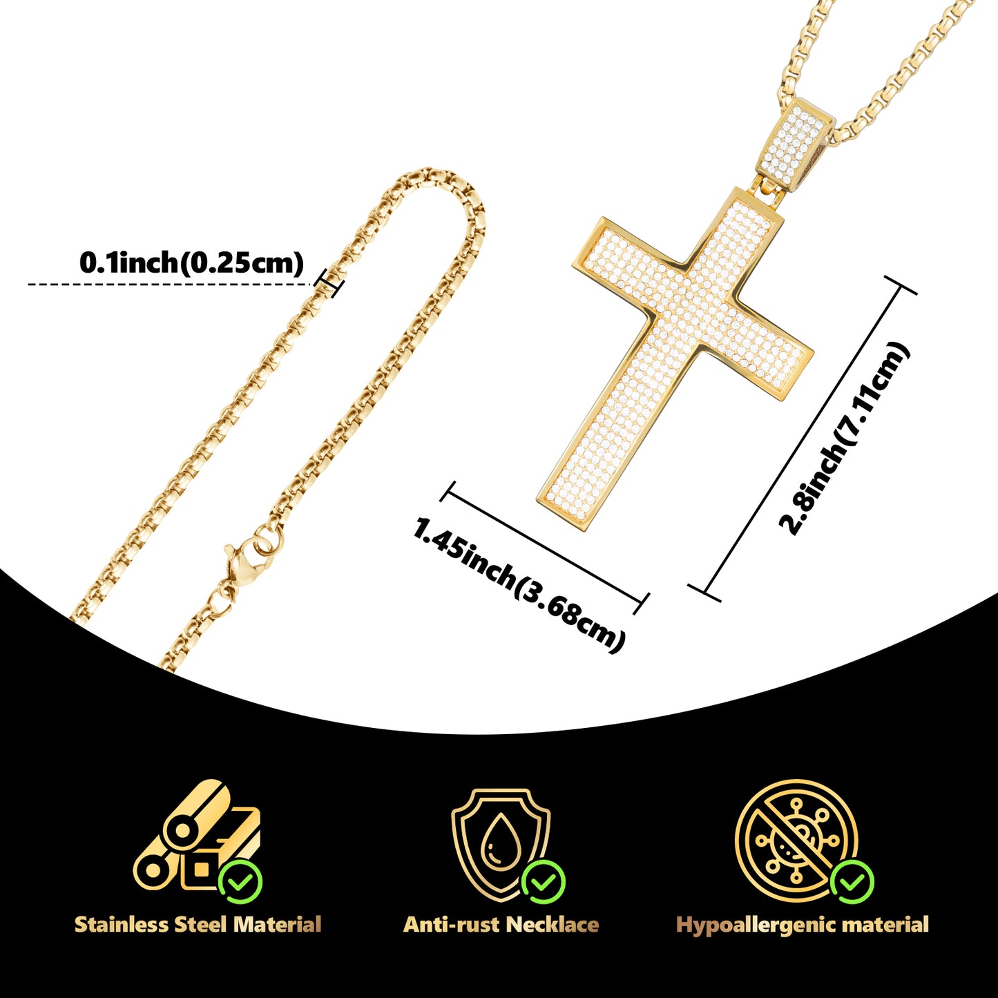 LuxGoth Stainless Steel Cross Necklace,Classic Full Diamond Cross Religious Faith Pendant Chain Jewelry for Men Women