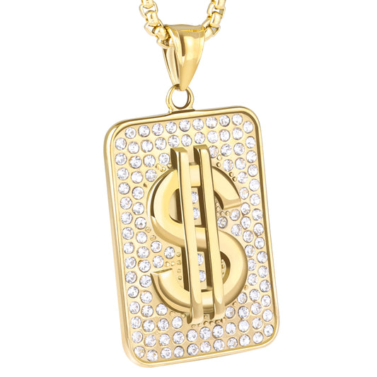 LuxGoth Stainless Steel Dollar Sign Necklace,Rhinestone Fake Gold Money Square Pendant Chain Jewelry for Men Women
