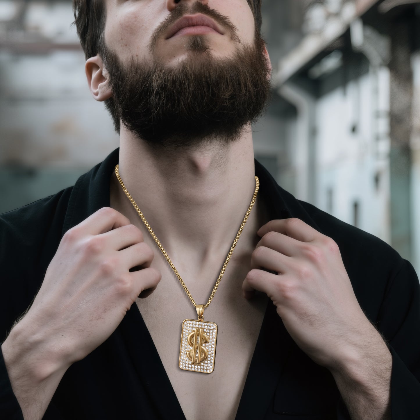 LuxGoth Stainless Steel Dollar Sign Necklace,Rhinestone Fake Gold Money Square Pendant Chain Jewelry for Men Women