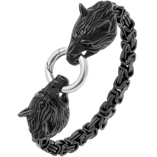 LuxGoth Men's Stainless Steel Mesh Link Chain Bracelet Gothic Wolf Head Animal Design Bracelet with Spring Ring Clasp (Black)