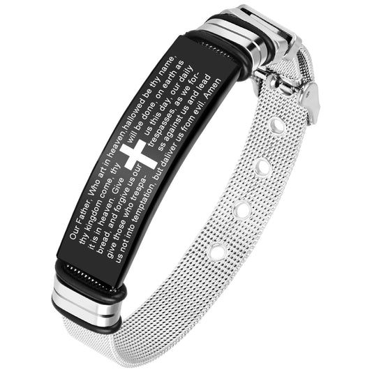 LuxGoth Men's Stainless Steel Adjustable Mesh Chain Bracelet Cross Religious Christian Link Chain Bible Verse Quote Faith Bracelet with Watch Band Strap Jewelry