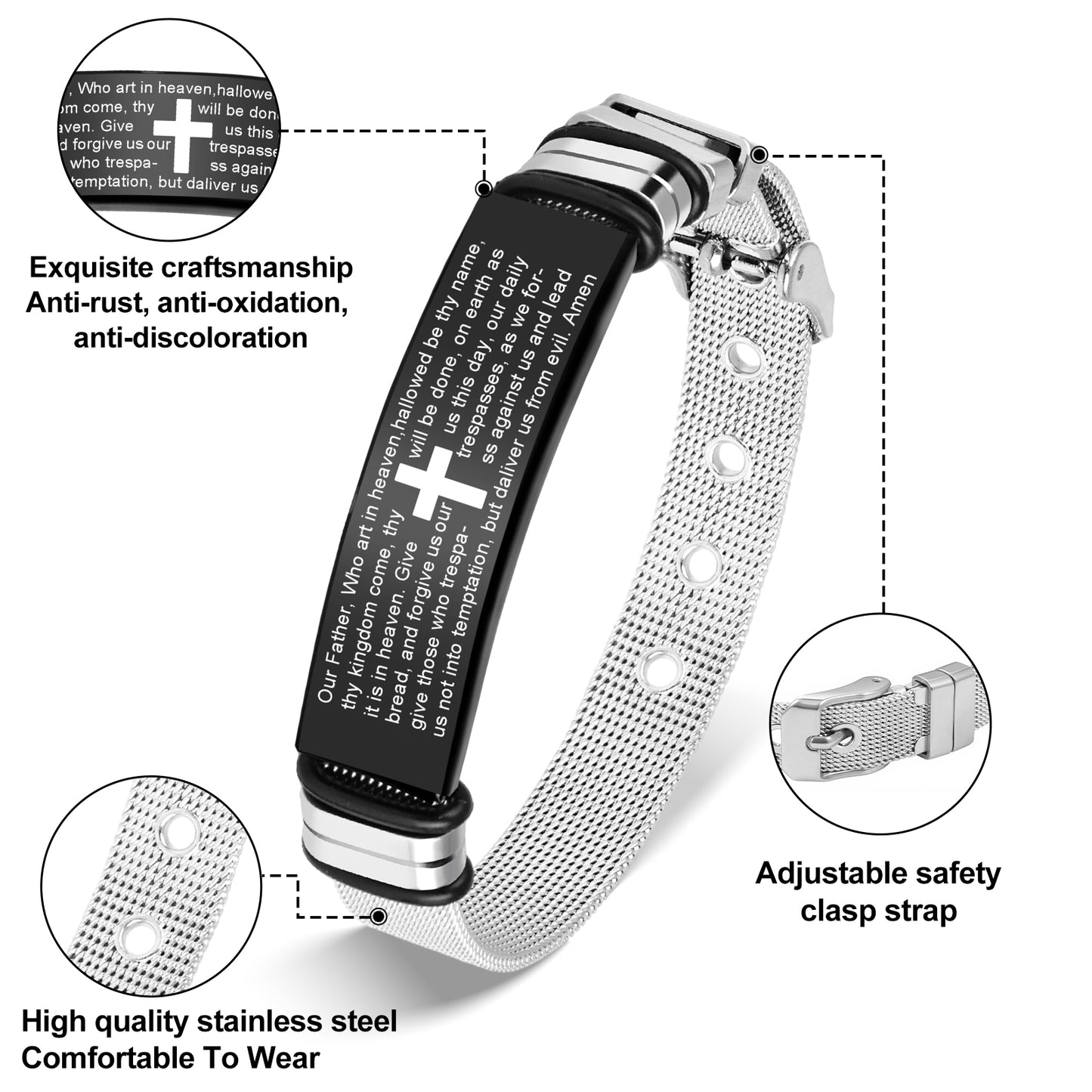 LuxGoth Men's Stainless Steel Adjustable Mesh Chain Bracelet Cross Religious Christian Link Chain Bible Verse Quote Faith Bracelet with Watch Band Strap Jewelry