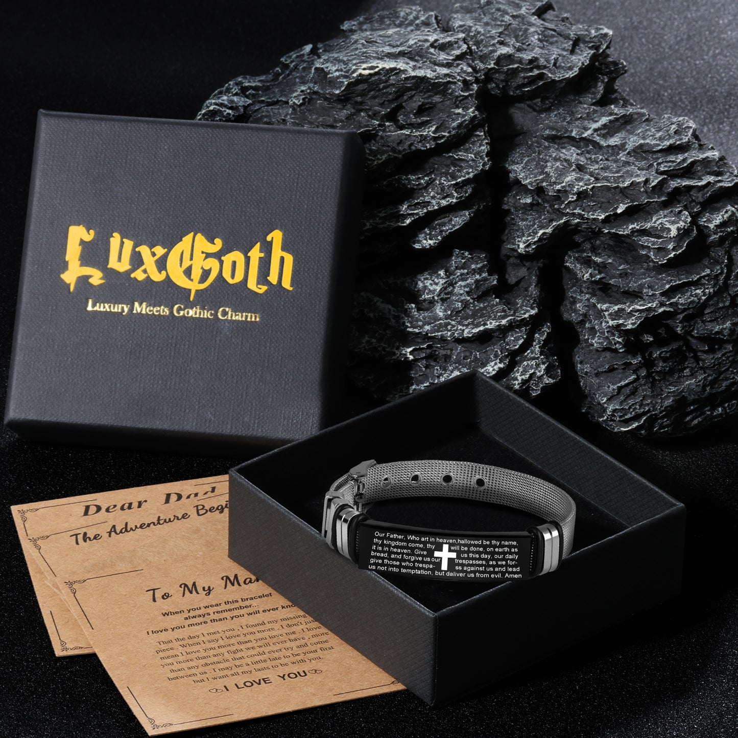 LuxGoth Men's Stainless Steel Adjustable Mesh Chain Bracelet Cross Religious Christian Link Chain Bible Verse Quote Faith Bracelet with Watch Band Strap Jewelry