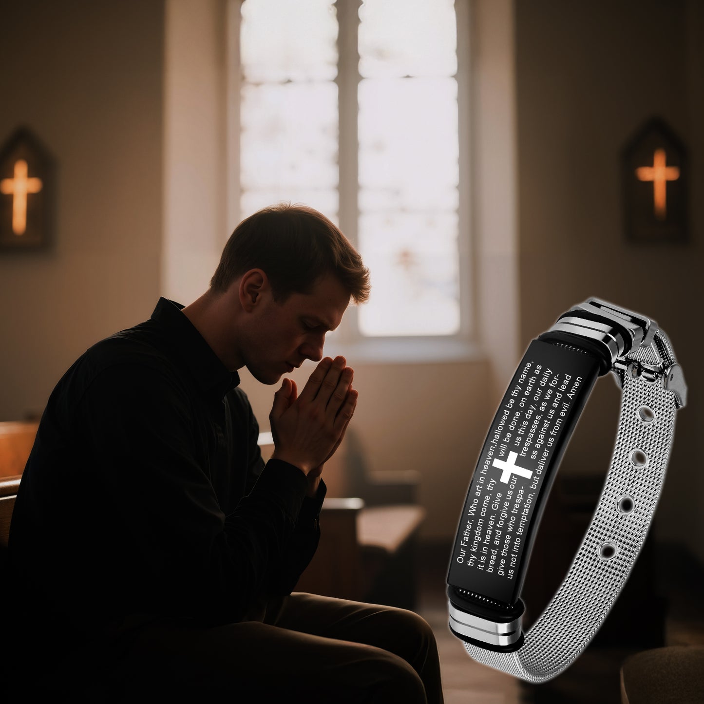 LuxGoth Men's Stainless Steel Adjustable Mesh Chain Bracelet Cross Religious Christian Link Chain Bible Verse Quote Faith Bracelet with Watch Band Strap Jewelry