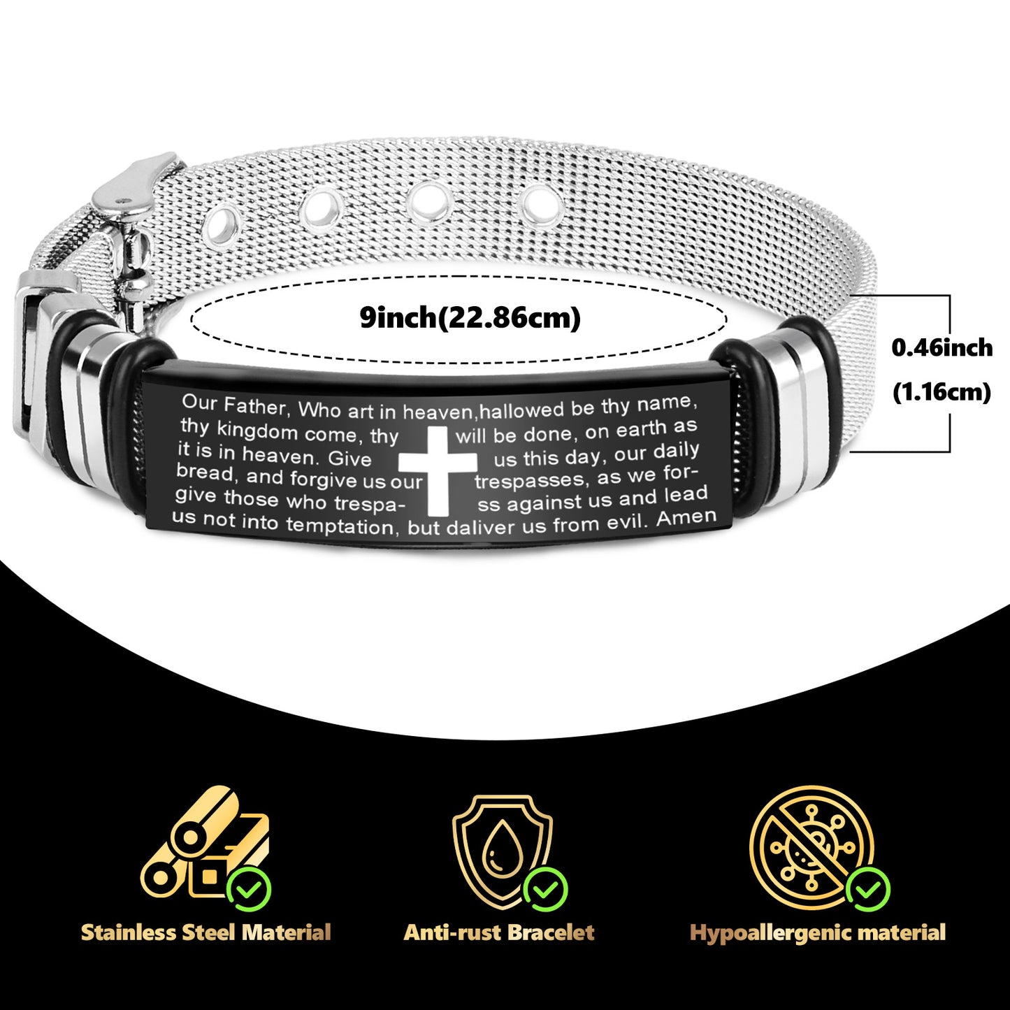 LuxGoth Men's Stainless Steel Adjustable Mesh Chain Bracelet Cross Religious Christian Link Chain Bible Verse Quote Faith Bracelet with Watch Band Strap Jewelry