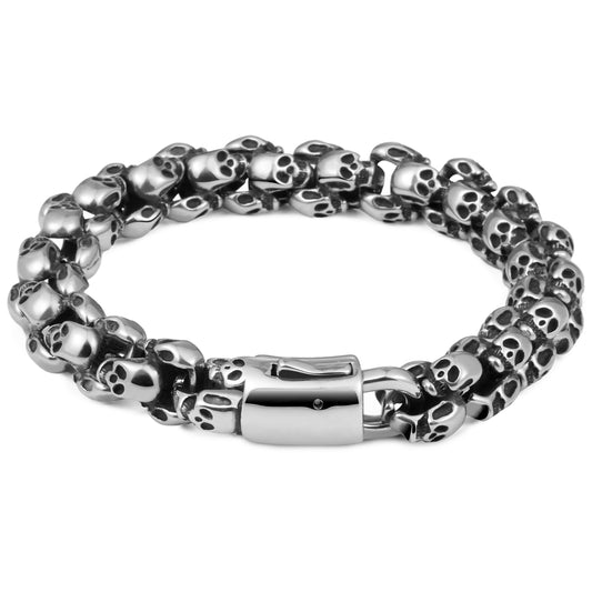 LuxGoth Men's Stainless Steel Skull Chain Bracelet Biker Gothic Vintage Skull Design Bracelet with Spring Ring Clasp