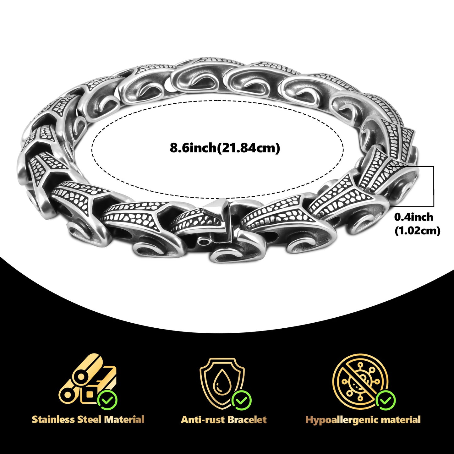 LuxGoth Men's Stainless Steel Ouroboros Jormungandr Link Chain Bracelet,Gothic Viking Dragon Link Heavy Bracelet with Spring Ring Clasp