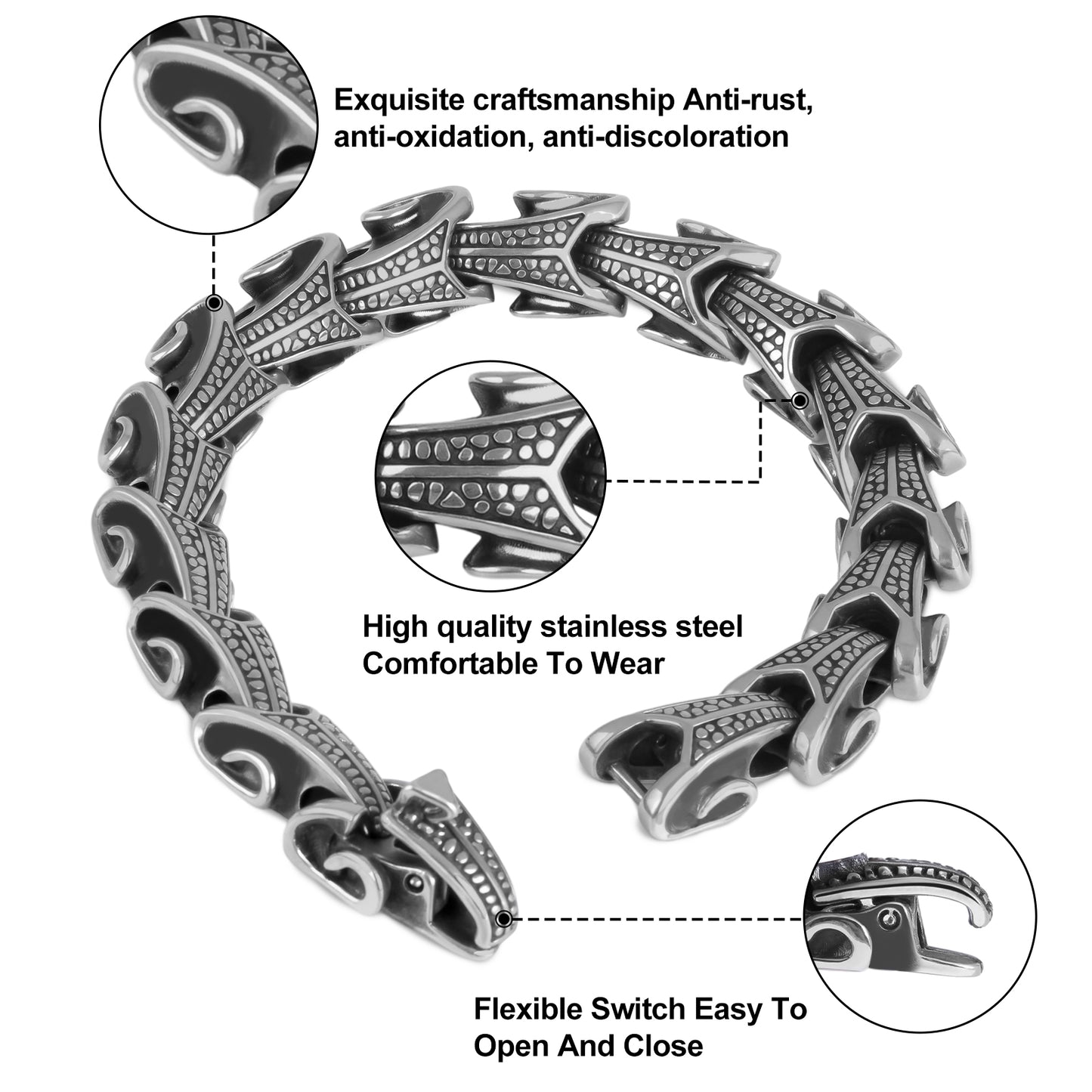 LuxGoth Men's Stainless Steel Ouroboros Jormungandr Link Chain Bracelet,Gothic Viking Dragon Link Heavy Bracelet with Spring Ring Clasp