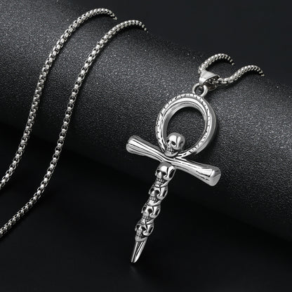 LuxGoth Stainless Steel Skulls Cross Necklace,Gothic Nail Cross Christian Faith Pendant Chain Jewelry for Men Women