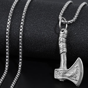 LuxGoth Stainless Steel Viking Axe Pendant Necklace,Gothic Raven Wolf King Pendant Chain Jewelry for Men Women(Silver)